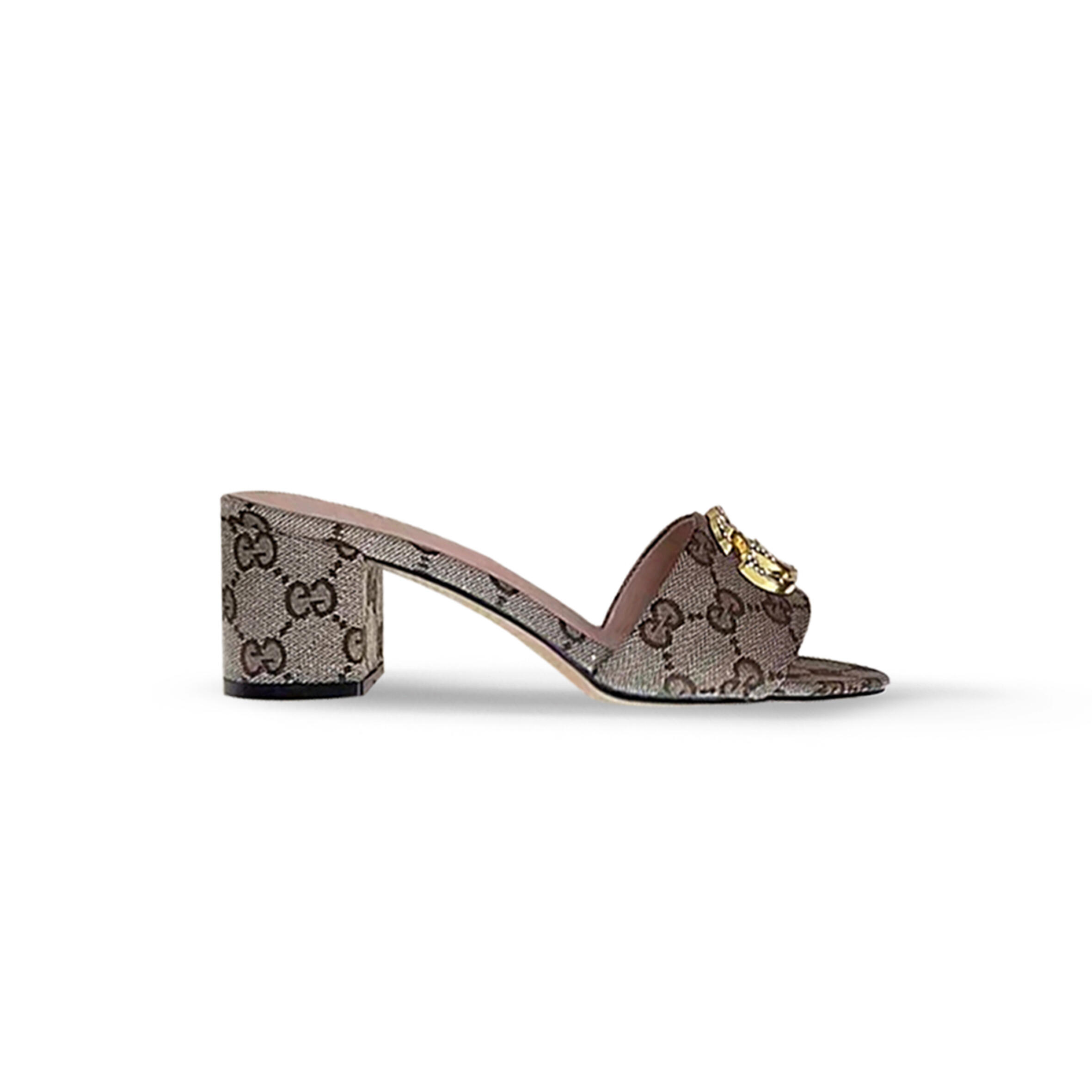 Gvc*1 womens beige monogram heels with gold